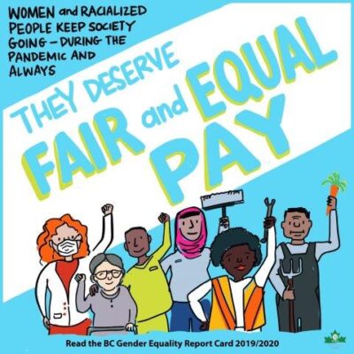 Multi-colored text of a blue and white background reads "Women and racialized people keep society going - during the pandemic and always. They deserve fair and equal pay." There is an illustration of a group of diverse people with their arms raised.