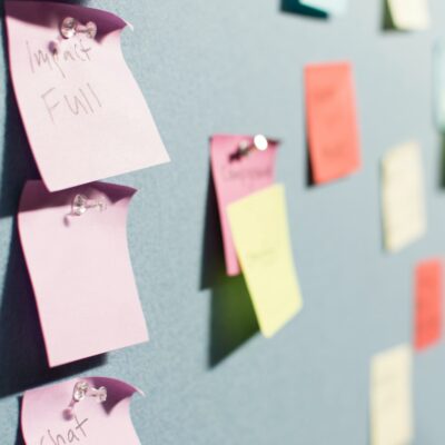 Multi-colored sticky notes on a board.