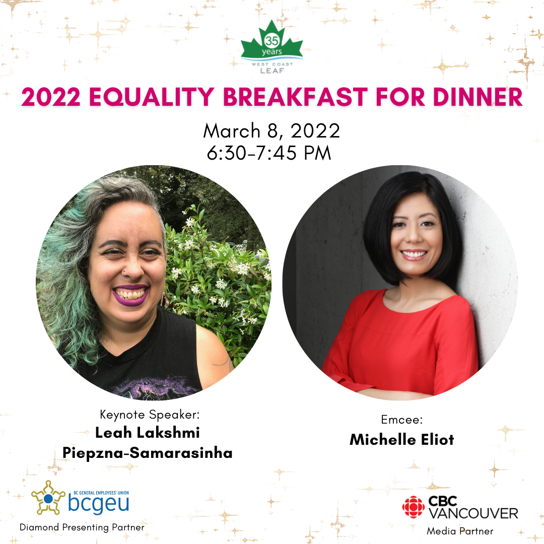 The infographic advertising the 2022 Equality Breakfast for Dinner, featuring photos of keynote Leah Lakshmi Piepxna-Samarasinha and host Michelle Eliot. 