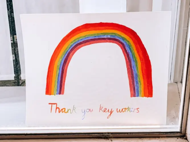 Rainbow drawing saying thank you key workers