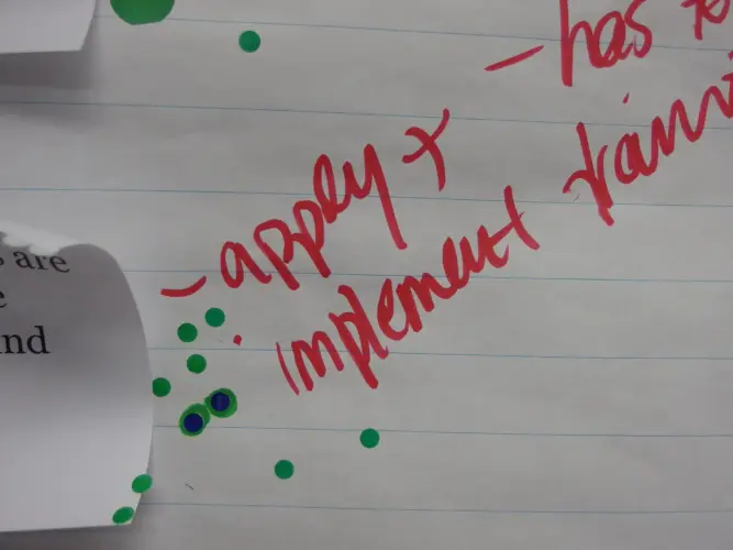 A close up of red text on a piece of poster board reads "apply and implement". There are green blots and other paper taped to the poster.