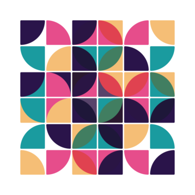 A graphic of geometric shapes in West Coast LEAF colors: yellow, teal, pink, and purple.