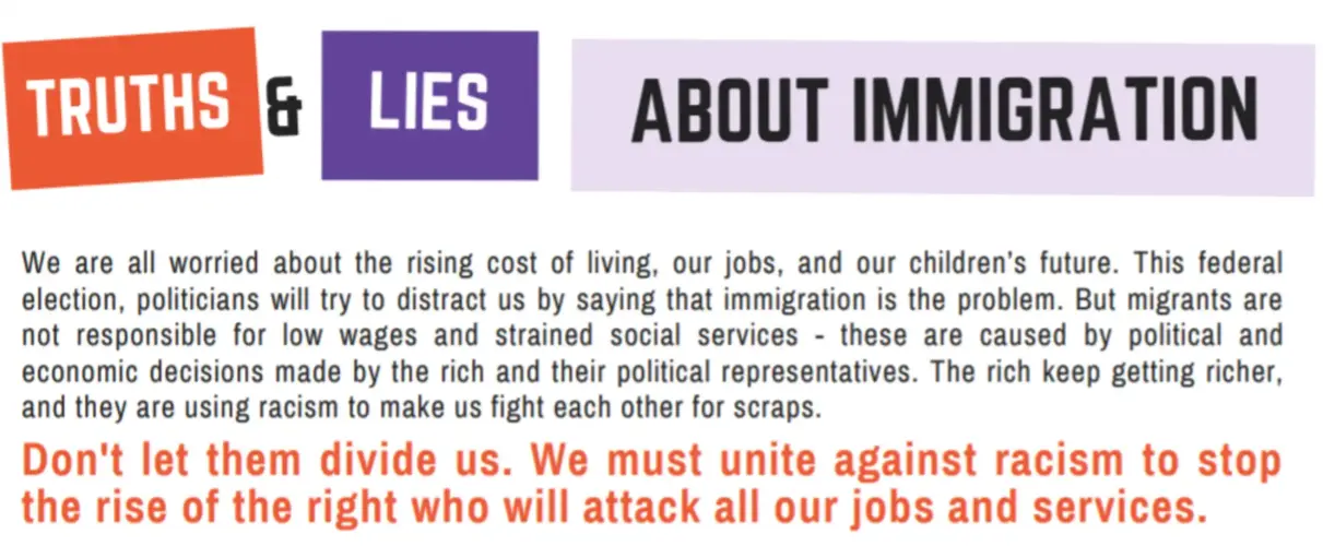 A fact sheet titled "Truth and Lies about Immigration" reads "We are all worried about the rising cost of living, our jobs, and our children's future. This federal election, politicians will try to distract us by saying that immigration is the problem. But migrants are not responsible for low wages and strained social services - these are caused by political and economic decisions made by the rich and their political representatives. The rich keep getting richer, and they are using racism to make us fight each other for scraps. Don't let them divide us. We must unite against racism to stop the rise of the right who will attack all our jobs and services."