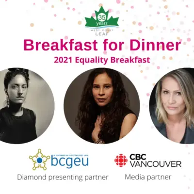 Pink text reads "Breakfast for Dinner: 2021 Equality Breakfast" with three headshots of the keynote speakers underneath.