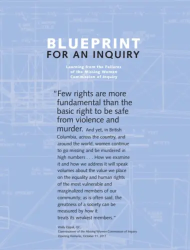 Report cover for Blueprint for an Inquiry. Black and white text on a blue background with architectural designs as the background.