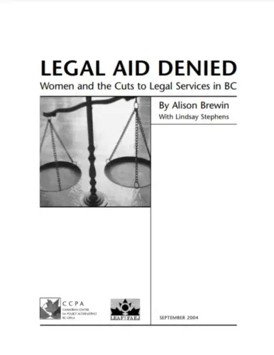Report cover of "Legal Aid Denied" with a black and white image of the scales of justice.