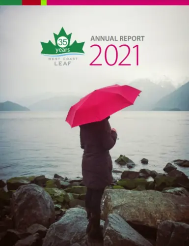 Cover of the 2021 Annual Report with a woman standing on a rainy, rocky beach holding a red umbrella.