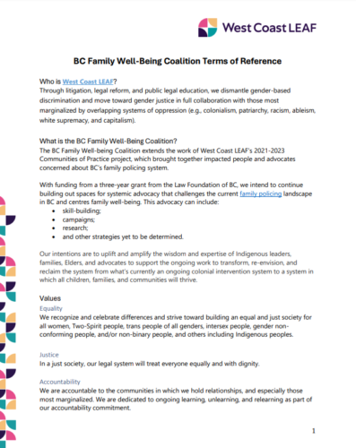 BC Family well-being coalition terms of reference screenshot. West Coast LEAF logo on the top right hand corner. Text on the page details the terms of reference. 