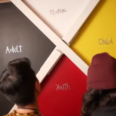 Two Indigenous youths have their backs to the camera and are looking at a red, white, black, and yellow medicine wheel on the wall with the words "Elder, Adult, Youth, and Child" written in it.