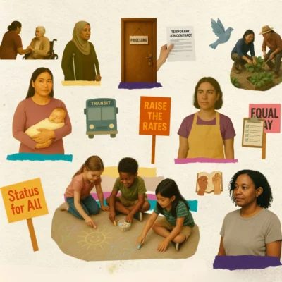 A collage features diverse images and people representing economic justice. In the center, three children are seated on the ground, drawing with chalk. Surrounding them are individual portraits and small scenes: Someone holding a baby, someone carrying a box, two people tend to a garden plot, someone in a hijab with crutches. Interspersed among the figures are various objects and signs: A door labeled “processing”, a temporary job contract; Signs that read: status for all, living wage for all, equal pay, raise the rates; a ballot box, gavel, clipboard, briefcase, a bus, a dove, heart, a diploma scroll, a puzzle piece, books and a walking stick.