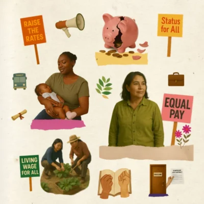 Placard with text: Raise the Rates. Megaphone beside it. A cracked piggy bank with coins beside it. To the right is a placard with text: status for all. Below them is a transit bus. A person holding a baby, leaves, and a person looking to the distance. A small briefcase is beside them, and a placard that says: Equal Pay. Below them is a placard that says Living Wage for all. Two people gardening and crouching beside a planter. Next to it is an open book with two fists raised. Beside the book is a closed door and a hand holding a job contract.