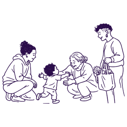 Line drawing of a 4 people. A child is running into the arms of an elder in the center, with a person crouched and smiling to their right. The fourth person is standing to their left with a bag of groceries.