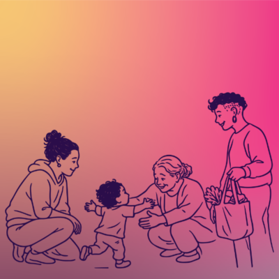 Line drawing of a 4 people. A child is running into the arms of an elder in the center, with a person crouched and smiling to their right. The fourth person is standing to their left with a bag of groceries.